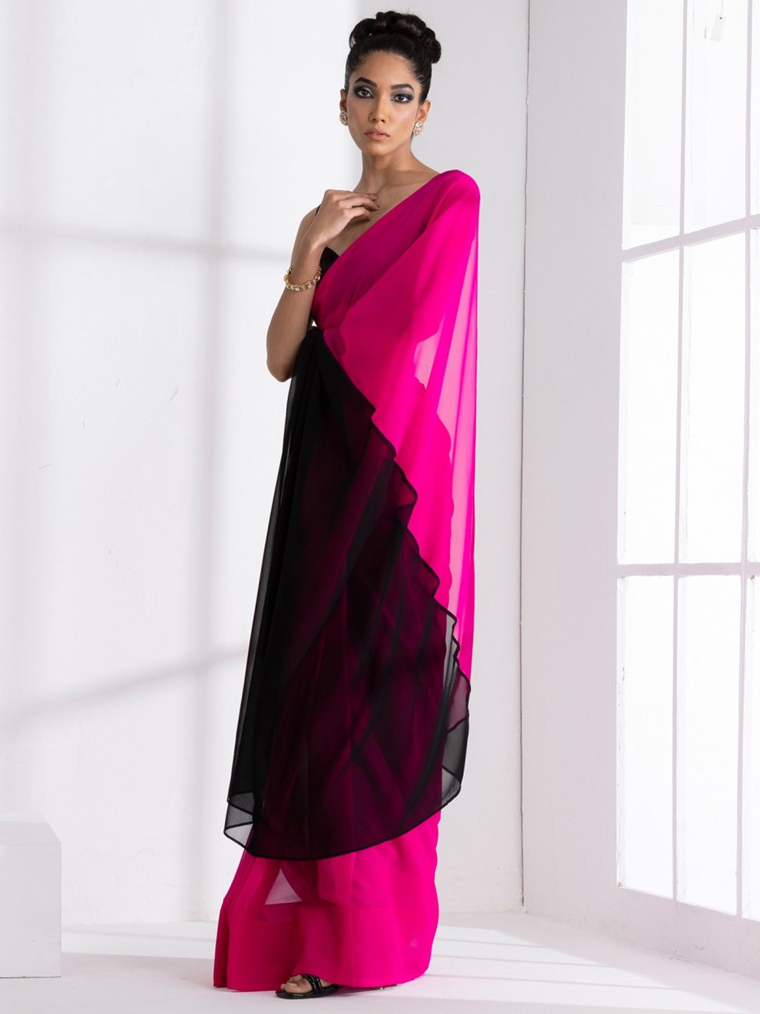 Buy Tikhi Imli Pink Crushed Poly Georgette Saree with Unstitched Blouse  online