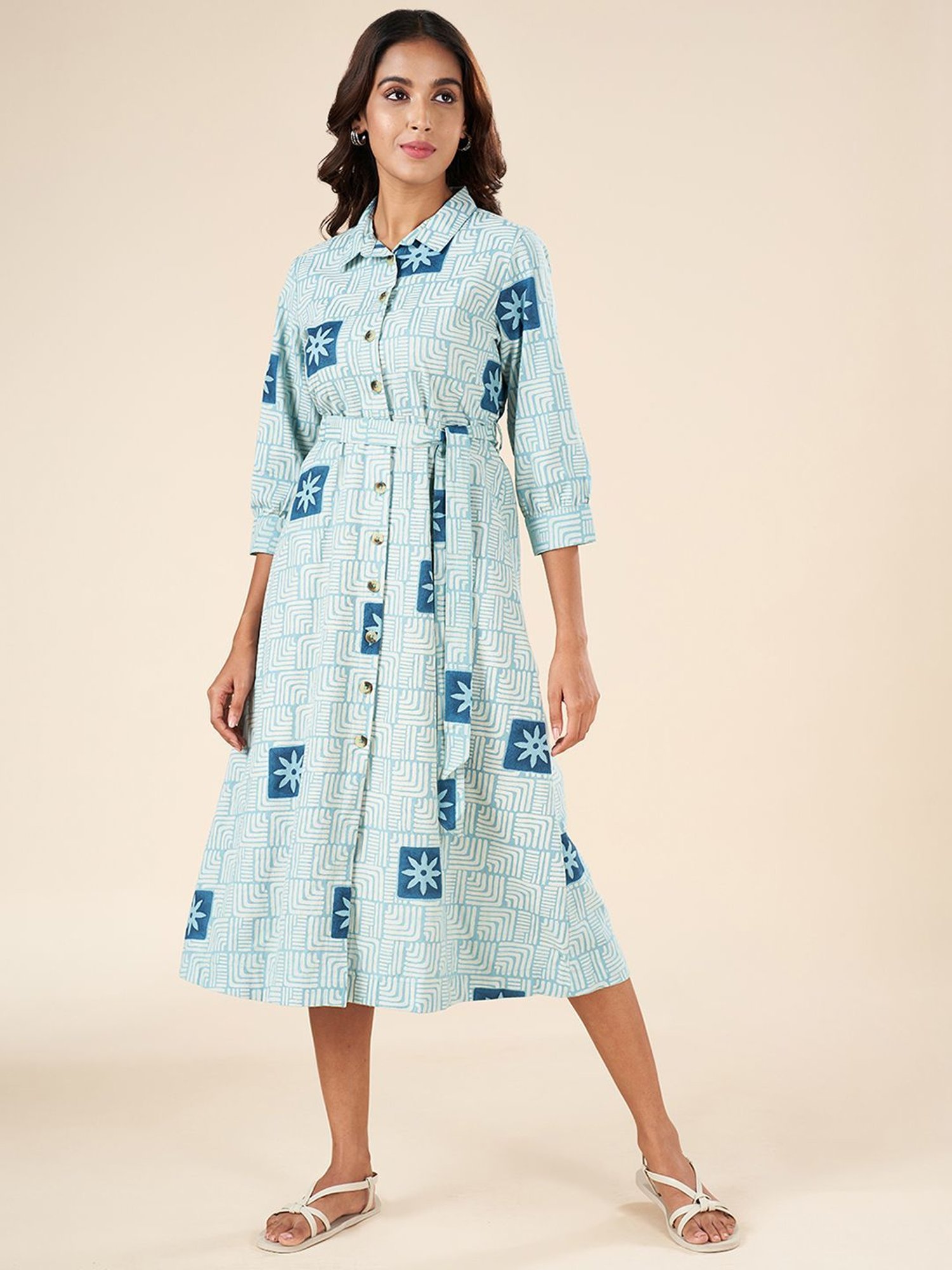 Akkriti by Pantaloons Blue Cotton Printed A-Line Dress