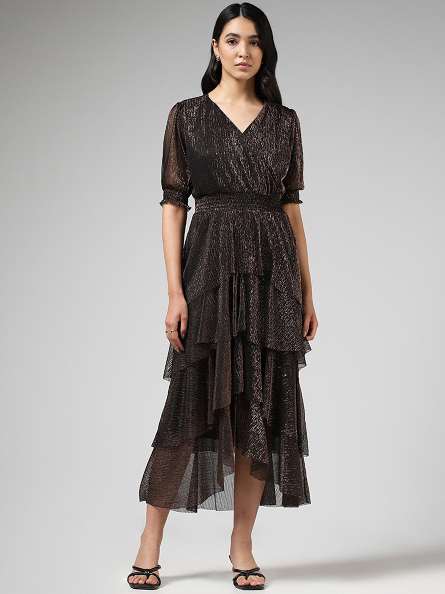 LOV by Westside Dark Brown Layered Shimmer Dress