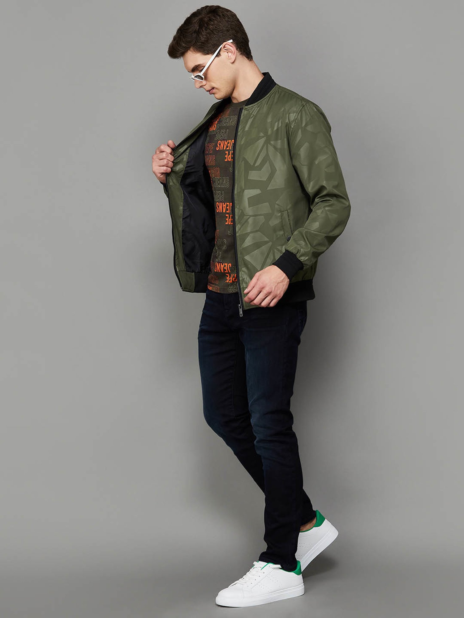 BOSSINI Olive Regular Fit Printed Bomber Jacket