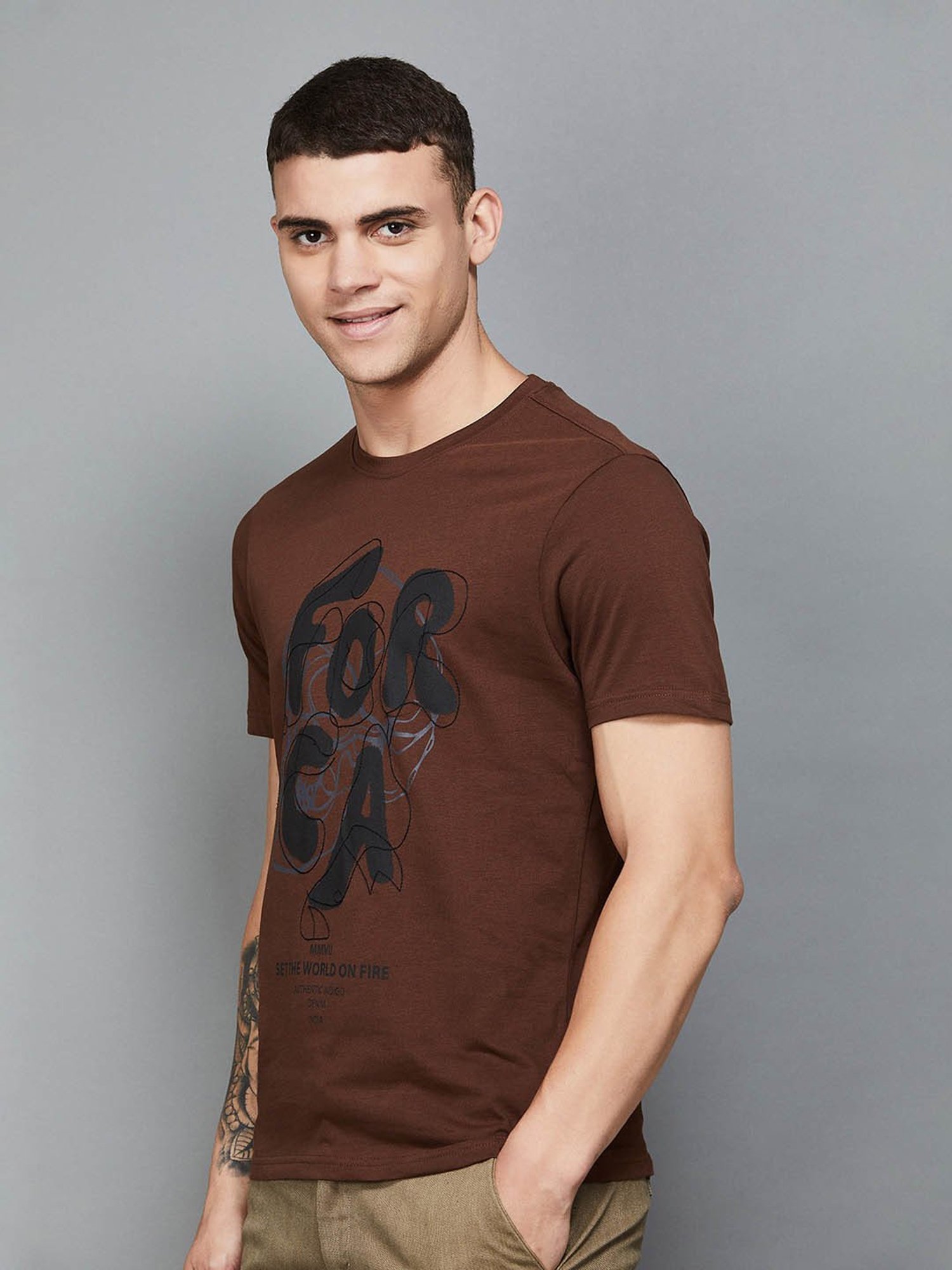 Forca by Lifestyle Brown Cotton Slim Fit Printed T-Shirt