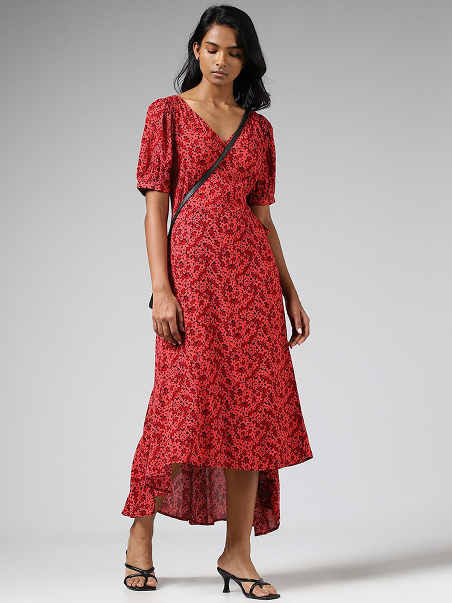 Red floral midi wrap on sale dress