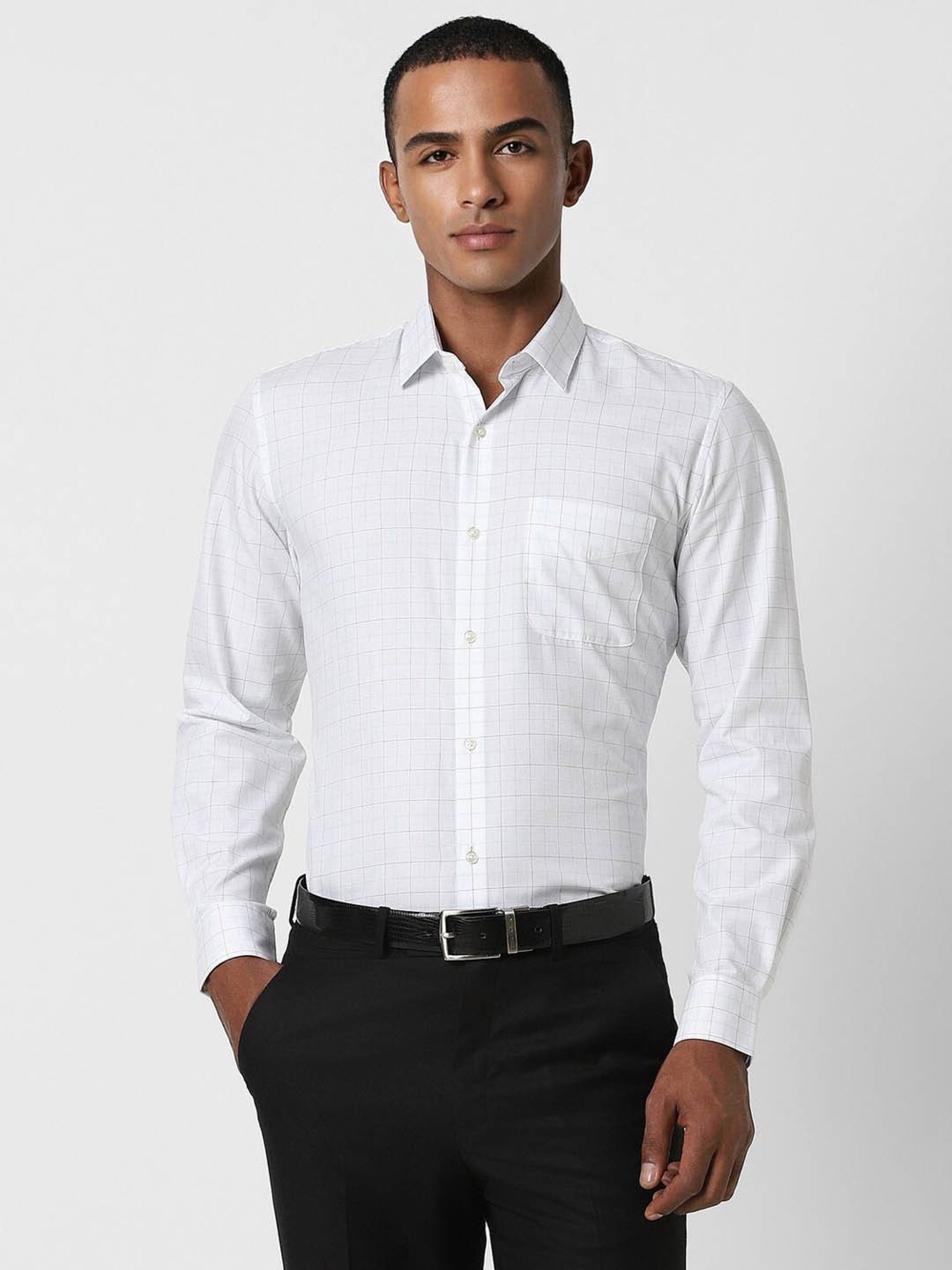 Peter England Ivory Slim Fit Checks Shirt