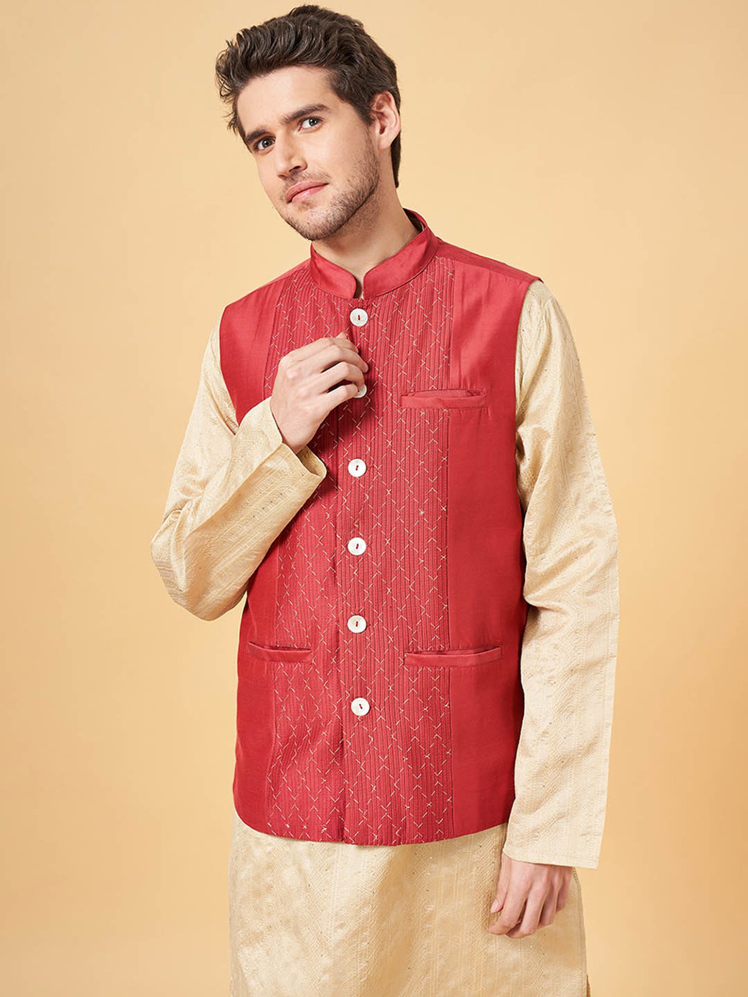 Indus Route by Pantaloons Rust Regular Fit Nehru Jacket