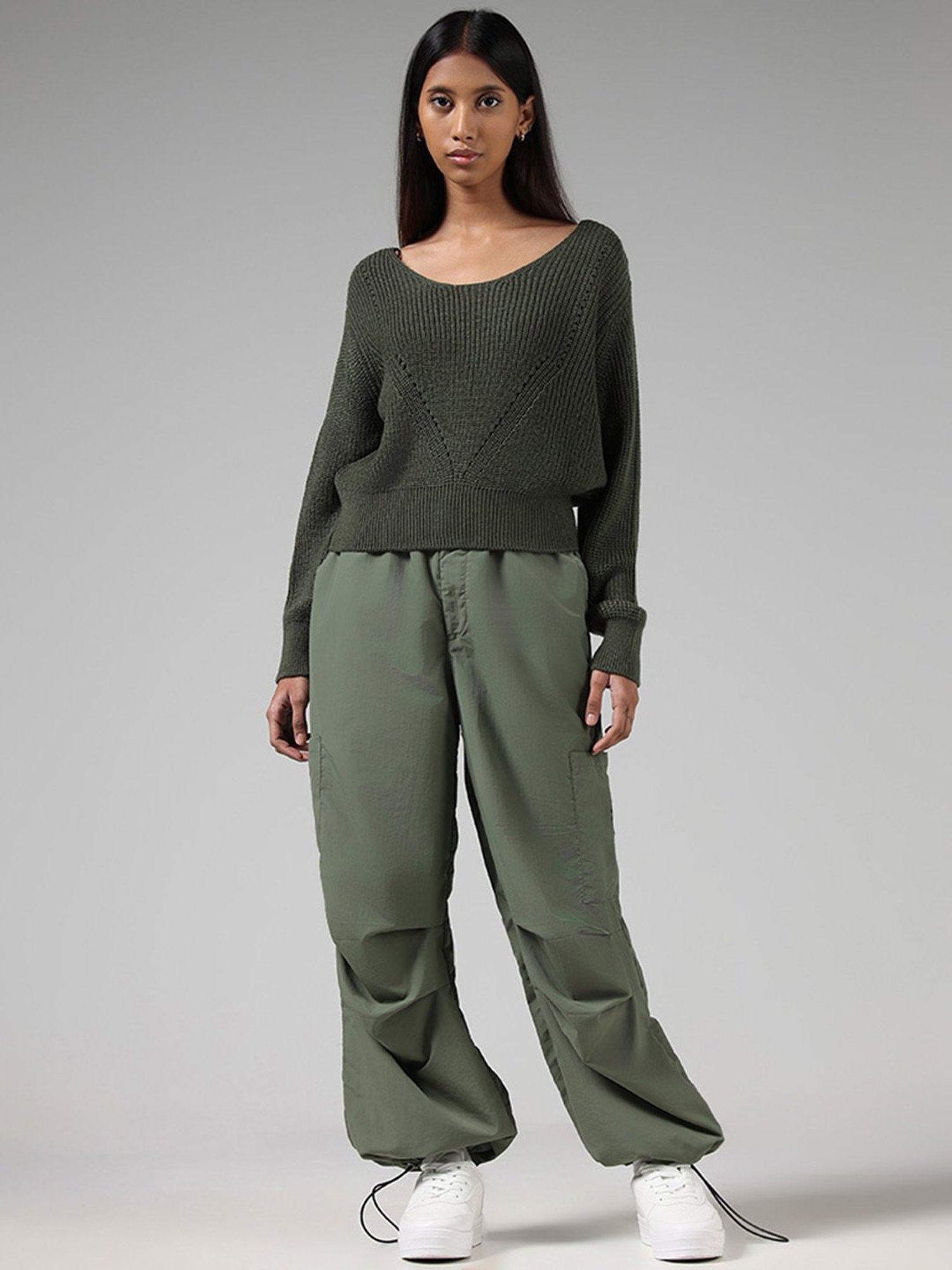 Nuon by Westside Solid Green Parachute Pants