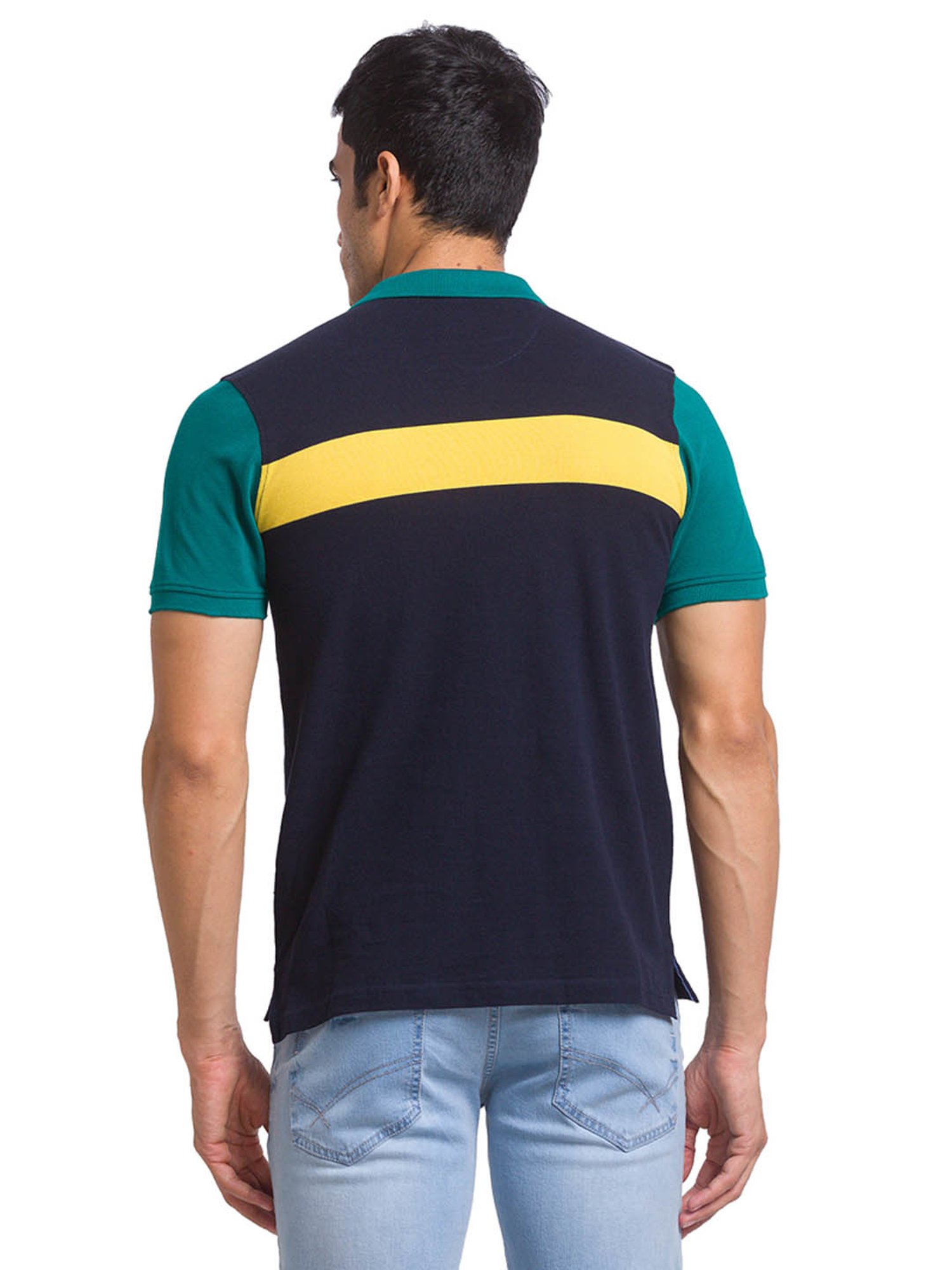 Buy Parx Blue Cotton Regular Fit Colour Block Polo T-Shirt for