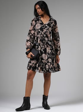 LOV by Westside Black Floral Printed Tiered Dress