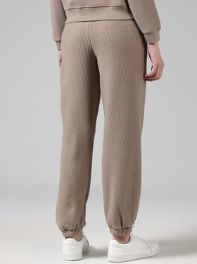 Studiofit by Westside Beige Ribbed High-Waisted Joggers