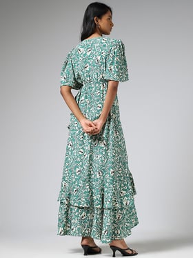 LOV by Westside Aqua Green Floral Printed Asymmetrical Wrap Dress