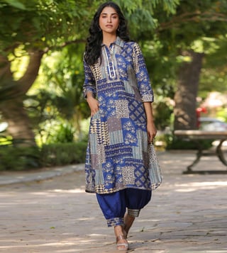 Buy Scakhi Blue Muslin Silk Printed Pathani Suit Set 2 Pc for