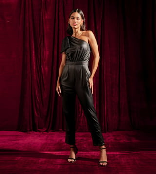 Tara and I Black Nocturne One Shoulder Jumpsuit with a Mesh Bow