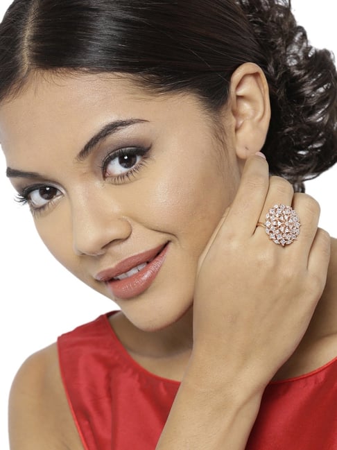 Zaveri Pearls Clear & Rose Gold Brass Cocktail Ring-picture-13