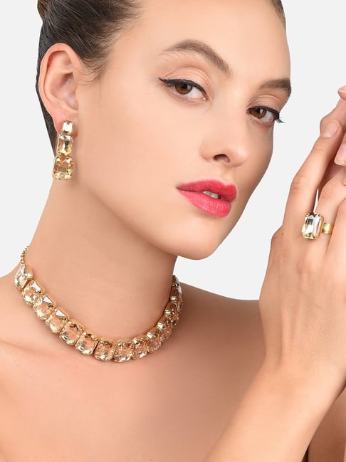 Zaveri Pearls Clear Alloy Necklace, Earring & Ring Set-picture-27