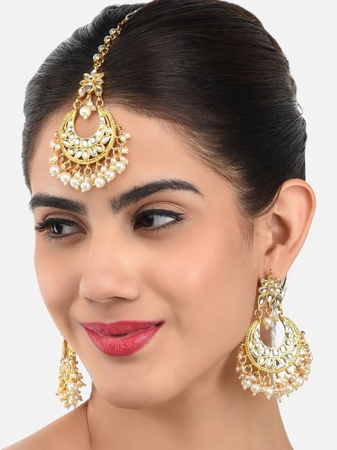 Zaveri Pearls Clear & White Alloy Earring & Maang Tikka Set-picture-33