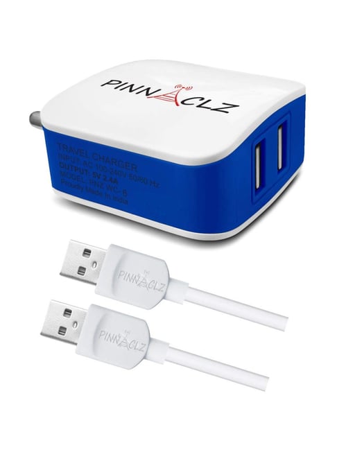 Pinnaclz 2.4 A Dual USB Port Wall Charger With Micro USB Cable (PNZ WC-6, White/Blue)