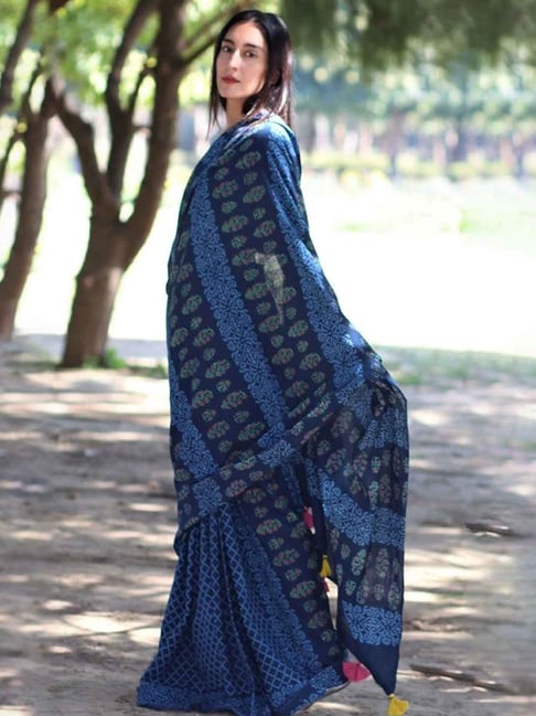 Chidiyaa Blue Block Printed Cotton Mul Saree-picture-29