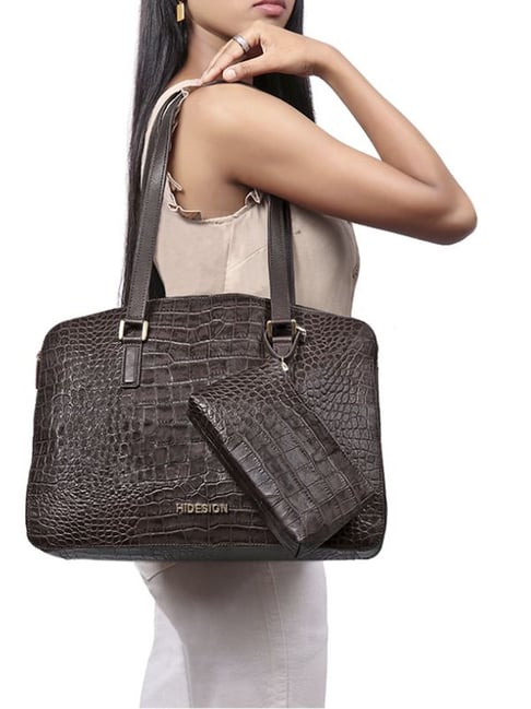 Buy Hidesign Brown Textured Medium Tote Handbag With Pouch For
