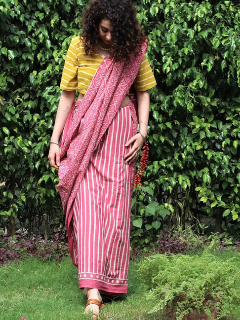 Chidiyaa Pink Block Printed Jal Saree-picture-42