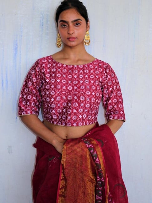 Chidiyaa Red Floral Block Printed Chanderi Blouse Soni-picture-17