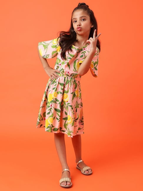 Tales & Stories Kids Peach & Green Printed Dress-picture-34