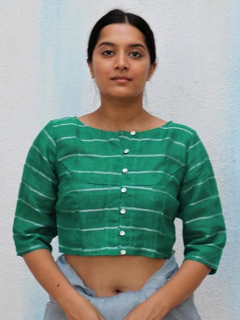 Chidiyaa Green Everyday Beautiful Handwoven Linen Zari Blouse-picture-47