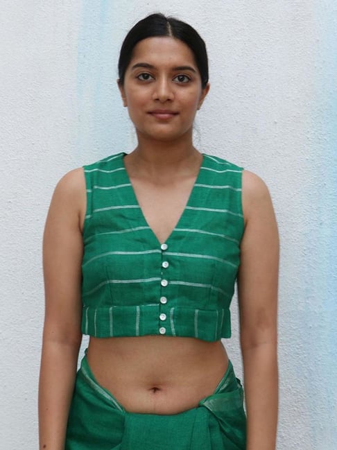 Chidiyaa Green Everyday Beautiful Handwoven Linen Zari Blouse-picture-20