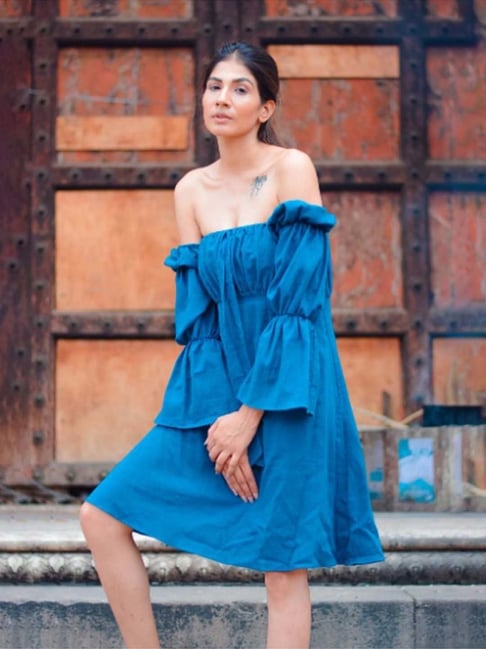 MOH Blue Solid Summer Puffy B Knot Dress