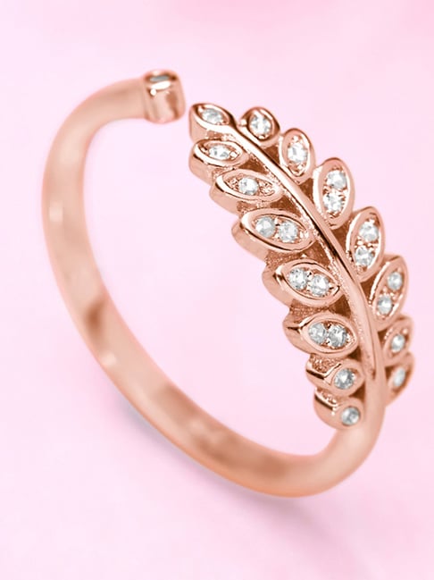 1gram Gold|elegant Silver Leaf Zircon Ring - 585 Rose Gold Plated For Women