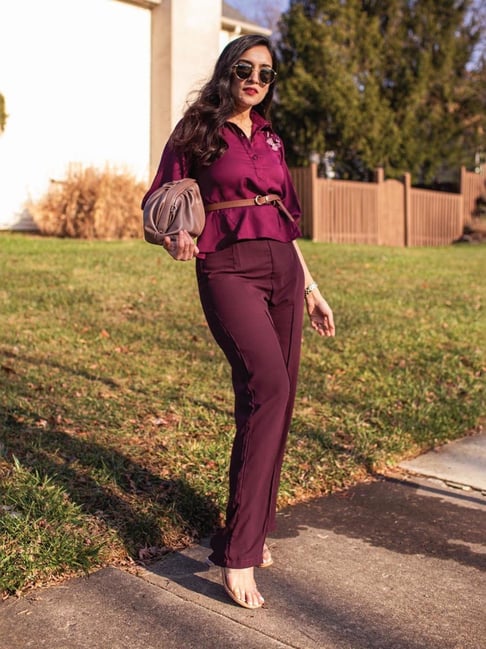 Wine Colored Chic Women's Trousers For Work & Formal Events | Lovez Aqua