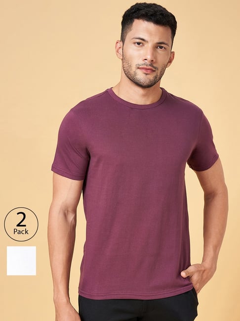 Byford by Pantaloons Wine & White Cotton Regular Fit T-Shirt - Pack of 2-picture-37