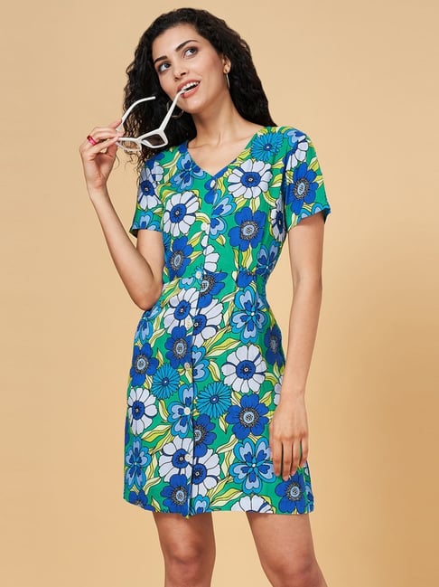 YU by Pantaloons Green Printed A Line Dress