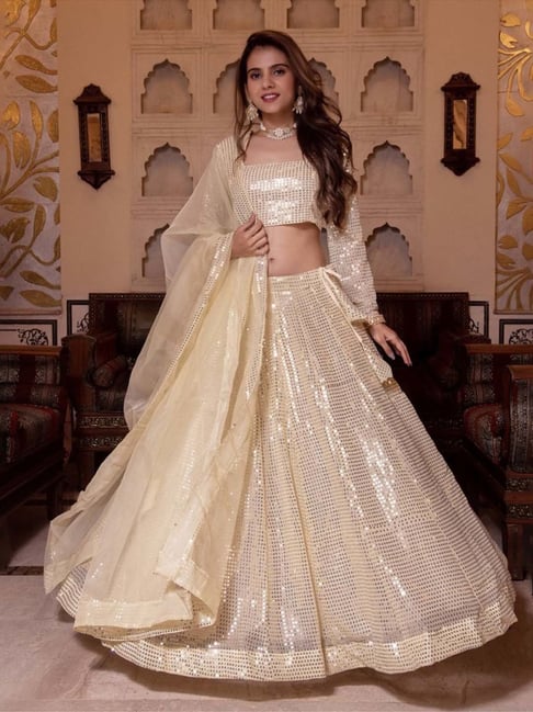 Silver Lehenga with intricate sequin work and feather detailing – Ricco  India