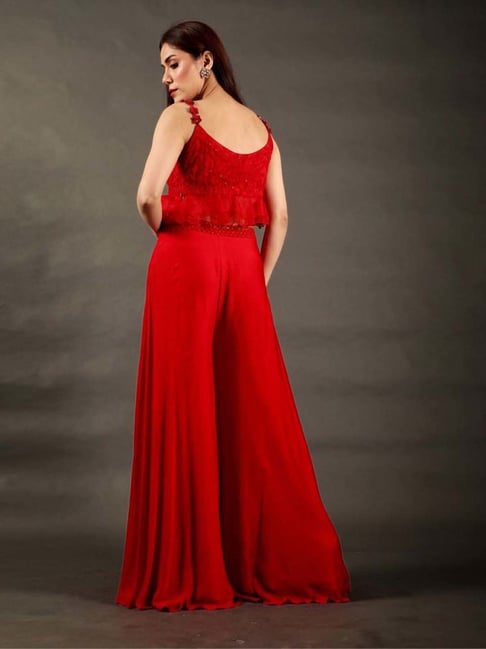 Red Jumpsuits for Women Ruffles High Waist with Belt Satin Ribbon One –  yalinat