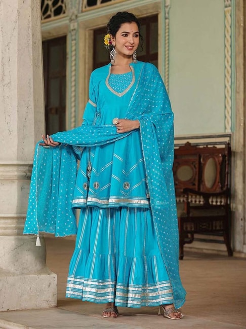 Prussian Blue Georgette Indo Western Sharara Suit with Sequins...