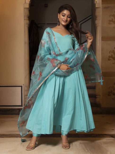 Silk Solid Blue anarkali gown with organza dupatta, Gathered at Rs 700 in  Solapur