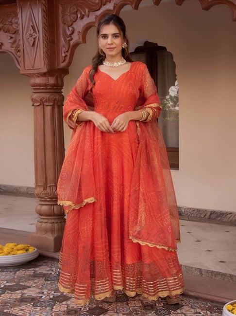 Buy Peach Color Floral Print Embroidered Anarkali Ethnic Dress Online -  KARMAPLACE — Karmaplace