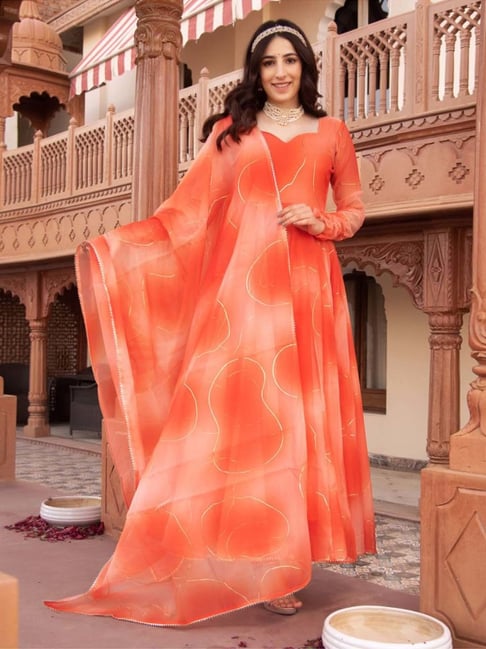 Anarkali Suit In Reddish Orange | Indian fashion dresses, Indian long frocks,  Long frock designs