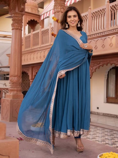 Buy Blue Vasansi Silk Printed Anarkali Gown Online – Vasansi Jaipur