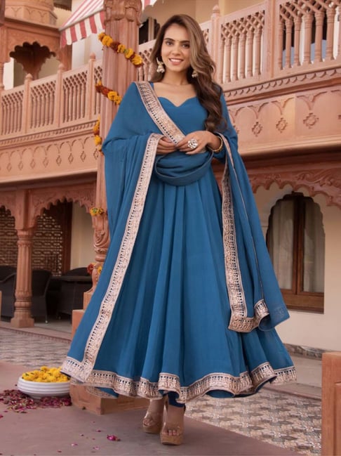 Buy Blue Lace Work Cotton Anarkali Suit- Set of 3 | PJS1172-1/POCH1 | The  loom