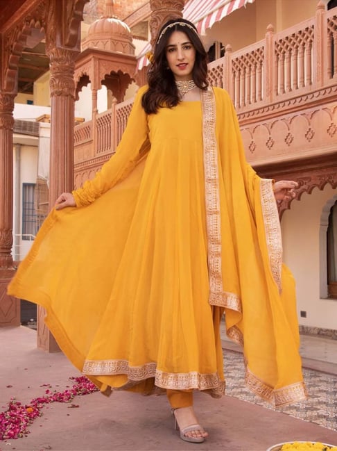 Yellow Long Anarkali: Mustard frock suit with tassels & churidar | Long  anarkali, Anarkali suit, Anarkali dress