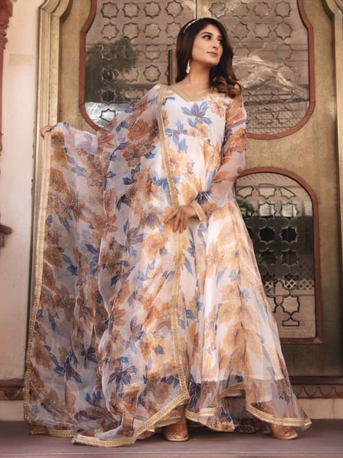 Anarkali Multicolour Floral Organza Dress With Gotta Lace And Dupatta