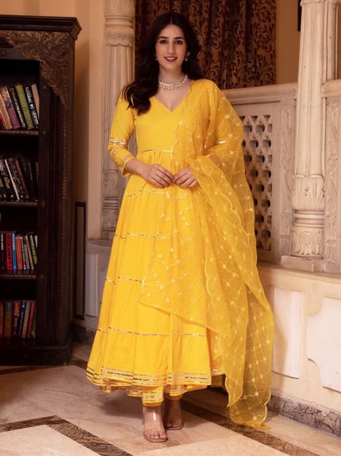 miss fame Women's Cotton Anarkali Kurta with Pants and Dupatta - (Yellow,  X-Small) : Amazon.in: Fashion