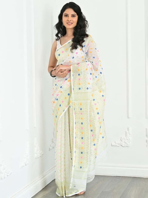 White Handwoven Jamdani Sequin Cotton Silk Saree – Beatitude