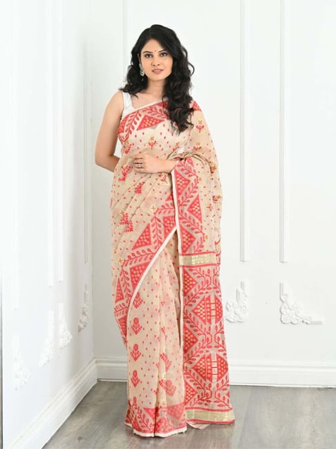 Traditional Tan Red Korat Soft Dhakai Jamdani Saree - Angoshobha - 4035192