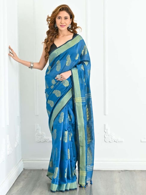 Tvis and Bliss. Royal Blue Aari Embroidery Work Kota Doria Silk Cotton Saree