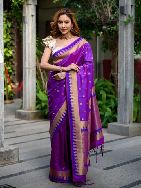 Berry Violet Banarasi Satin Silk Saree - Urban Womania