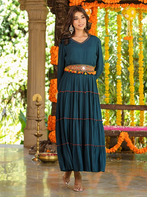 Juniper Bottle Green Ethnic Motif Printed Rayon Crepe Tiered Maxi Dress  With Thread Work Embroidery