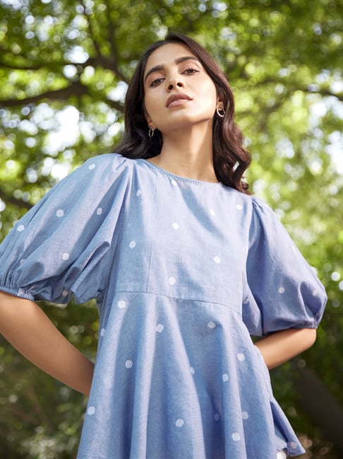 W Blue Cotton Embroidered Top