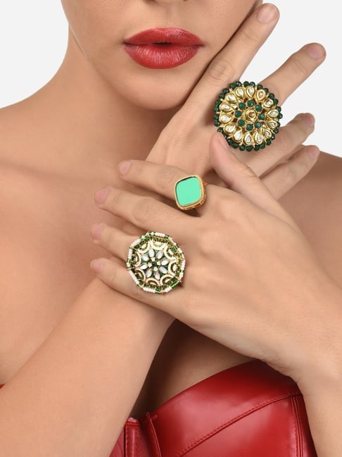 Buy Karatcart Gold Plated Floral Shaped Green Stone Studded Adjustable Cocktail  Ring for Women online