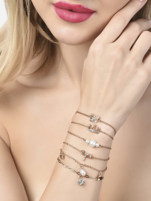 Zaveri Pearls Set of 6 Gold Tone Dazzling Diamonds & Pearl Embellished Stack Bracelets-ZPFK14546-picture-37